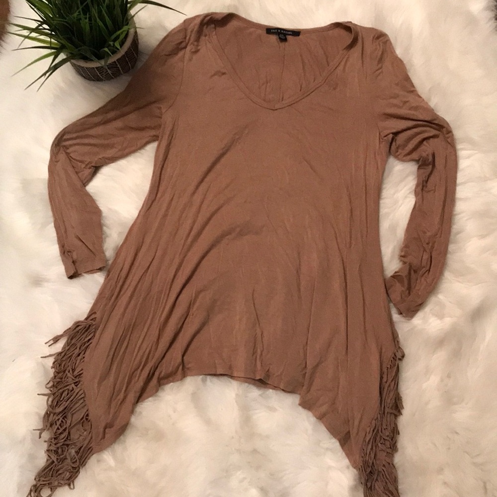 Zac & Rachel long sleeve tan fringe top size M